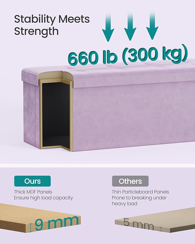 SONGMICS Mazie Collection - Storage Ottoman Bench, Foldable Foot Rest, 15 x 43 x 15 Inches, End of Bed Bench, Storage Chest, Load 660 lb, Living Room, Bedroom, Entryway, Light Lilac ULSF277P01