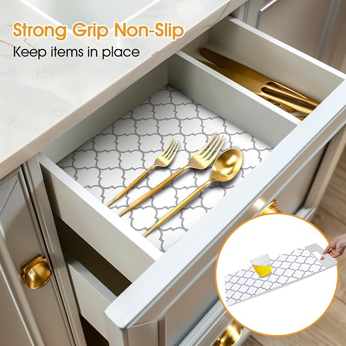 Shelf and Drawer Liner for Kitchen Cabinets Non-Adhesive, Strong Grip Non-Slip Thickened Cabinet Liners for Shelves, Waterproof Mats for Dresser Cupboard, White/Gray, 17 in x 20 Feet