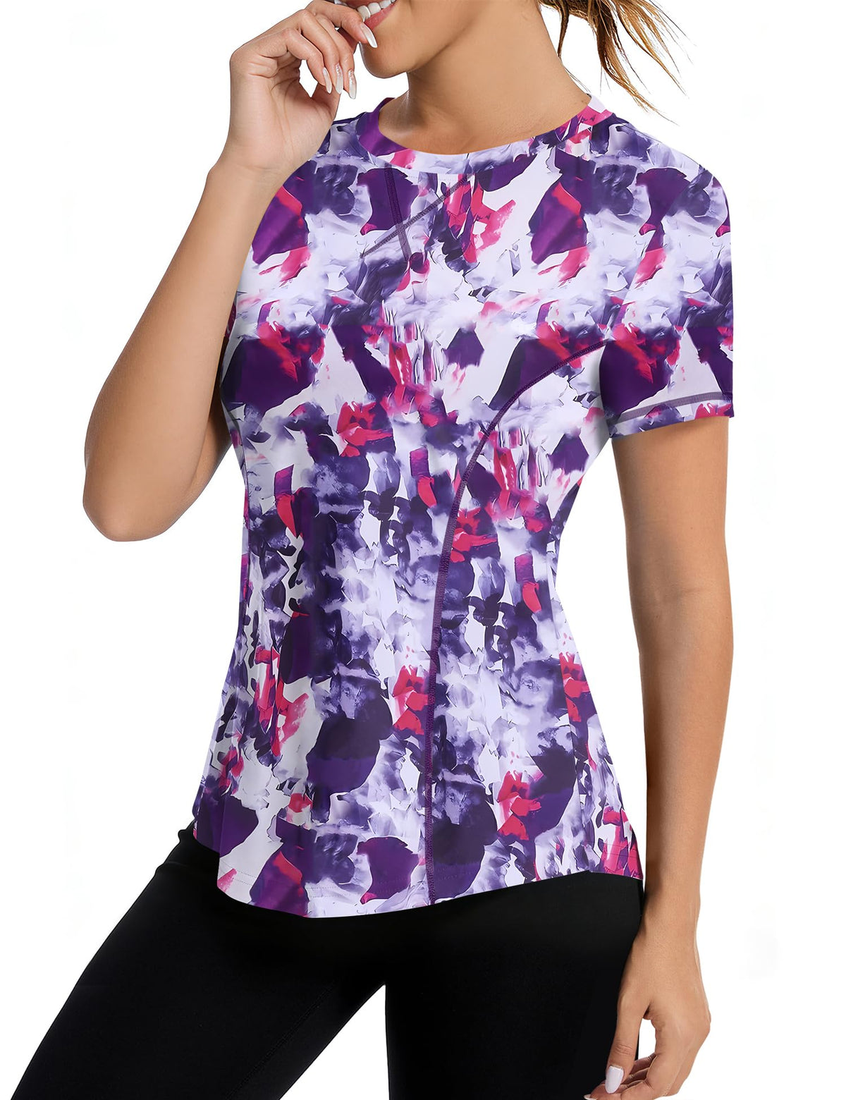 Avoogue Women's Activewear Short Sleeve Workout Tops Quick Dry UPF Sun Shirt Summer Running Hiking Yoga Shirts(Red Purple Colorblock,XL)