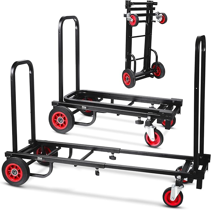 Pyle Compact Folding Adjustable Equipment Dolly - Heavy Duty 8-in-1 Convertible Cart Hand Truck/Dolly/Platform Cart with R-Trac Wheels - Expandable Up to 25.24" to 40.24" - 200 LBS MAX Load Capacity