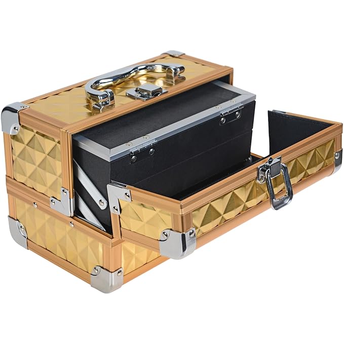 SHANY Chic Makeup Train Case Cosmetic Box Portable Makeup Case Cosmetics Beauty Organizer Jewelry storage with Locks, Multi trays Makeup Storage Box with Makeup Mirror - Golden House
