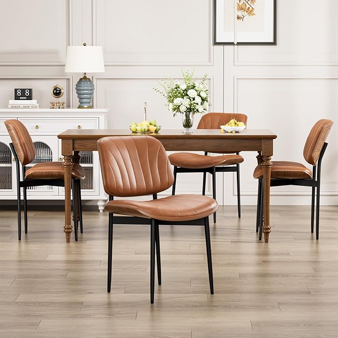 Dining Chairs Set of 8, Dining Room and Kitchen Chairs, Mid Century Modern Accent Chair, Upholstered PU Leather Chairs for Vanity with Walnut Bentwood and Metal Legs, Light Tan
