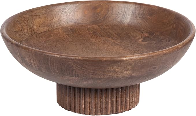 Kate and Laurel Rooks Modern Decorative Ribbed Wood Bowl, 12 Inch Diameter, Walnut Brown, Transitional Raised Fruit Bowl for Kitchen Counter or Use as Living Room or Entryway Table Decor