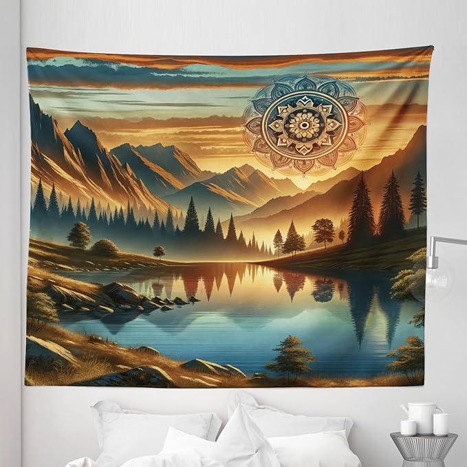 Ambesonne Mountain Tapestry King Size, Laky Scenic Mounts and Woods Oriental Dream Aura Mandala Flower Boho, Wall Hanging Bedspread Bed Cover Wall Decor, 104" X 88", Pale Vermilion Sea Blue