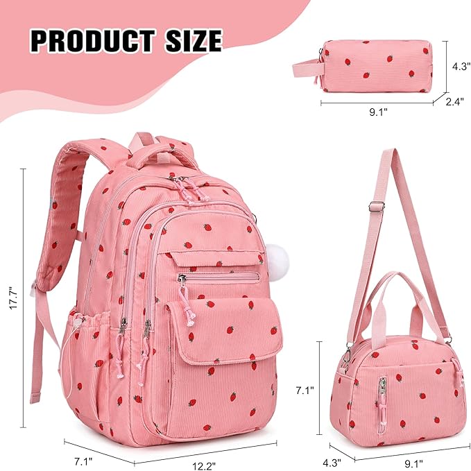 Bevalsa Backpack for Gilrs, 3PCS Corduroy Kids Backpack Set with Lunch Box & Pencil Pouch, Bookbag Daypack Laptop Bag for Women Teens Elementary Middle High School