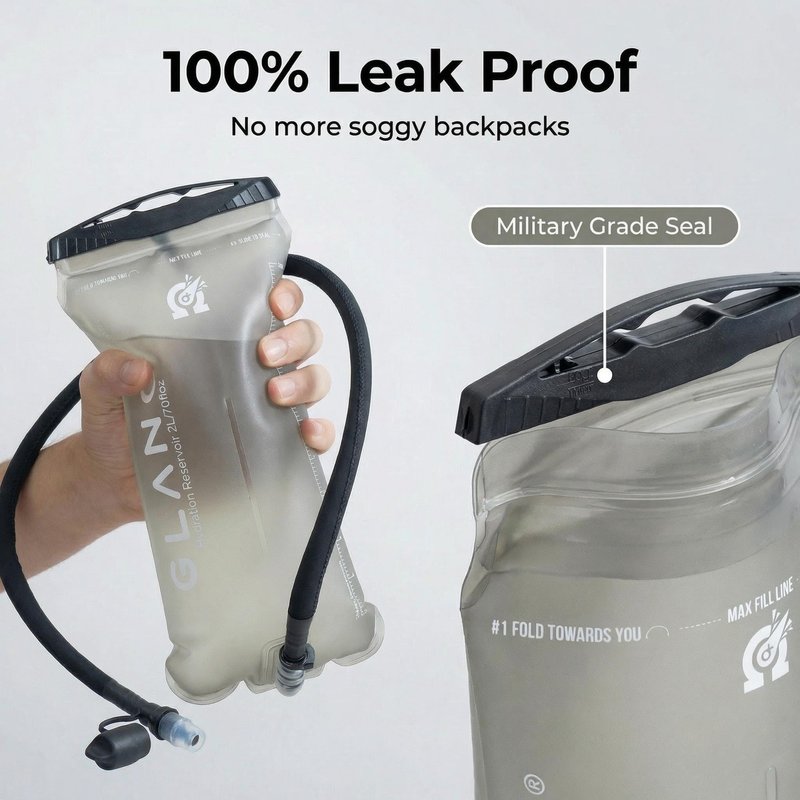 GLANC Hydration Bladder - 2L Water Bladder with Cleaning Kit for Outdoor Hiking Backpack, BPA Free Leakproof Water Reservoir for Hydration Pack, Insulated Hose & High Flow Bite Valve, Light Gray