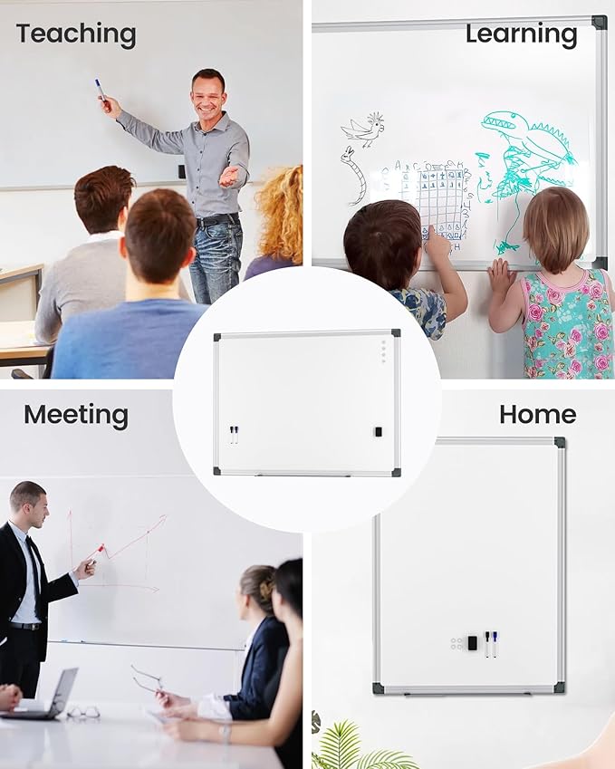 Magnetic White Board Hanging 36" x 48" for Office, Class, Home, Sliver Aluminum Frame, 1 Dry-Erase Eraser, 2 Multicolor Marker, 4 Magnetic Pins, Students, Teachers