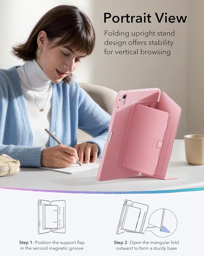ESR for iPad Air 13 Inch Case M4/M3/M2 (2026/2025/2024), Vertical Stand Cover, Multi Stand Angles, Ultra-Stable Case with Pencil Holder, Flip Series, Pink