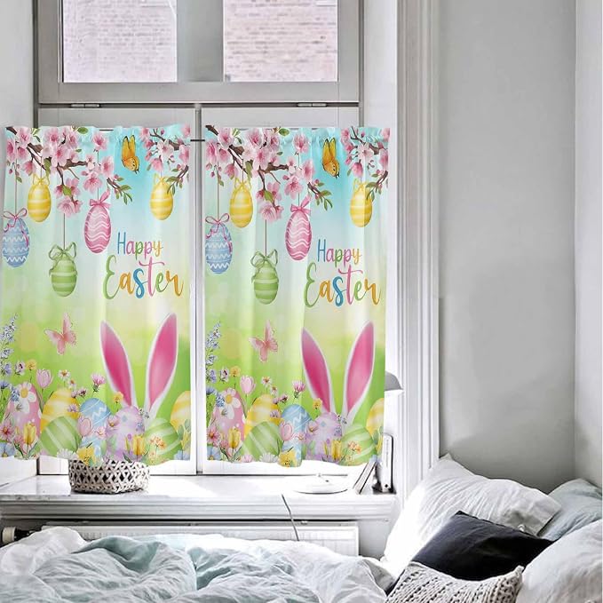 Easter Kitchen Curtains 54 Inches length, Spring Bunny Colorful Rabbit Eggs
