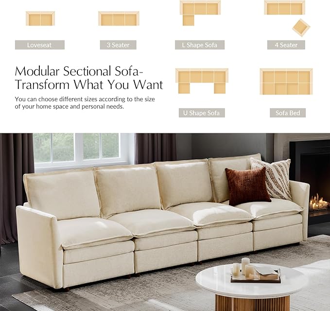 HULALA HOME 128'' Oversized Modular Sectional Sofa with Dual-Layered Cushions, 4 Seater Sofa with Storage Ottoman and Removable Cover, Modern Deep Seat Cloud Couch for Living Room, Beige
