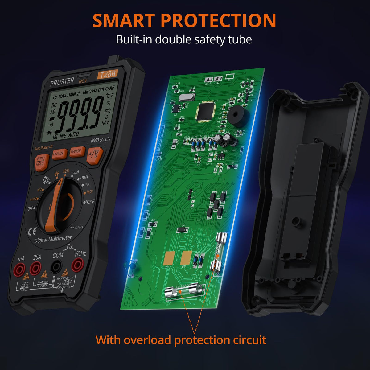Proster Digital Multimeter - TRMS Voltmeter Multimetro Auto Range Multi Testers, 20A DC AC Current Meter NCV Detector Magnetic Hanging Hands-Free Design with Temperature Probe Backlit LCD Flashlight