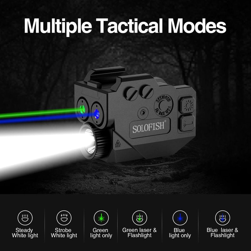 SOLOFISH 500lm Pistol Light Beam Combo with Strobe & Memory, Slidable Blue Green Beam and Gun Light Fits Compact & Full Size Rail