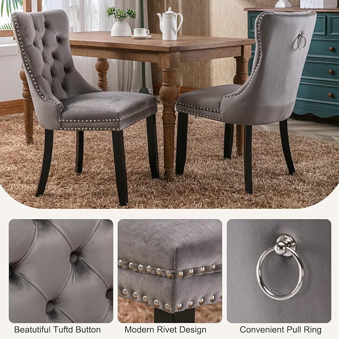 5-Piece Faux Marble Round Dining Table Set for 4, Modern Luxury Kitchen Table Set for 4 with Grey Tufted Chairs,Circle Dining Tables with Pandora Grain Top and Black Pedestal Base