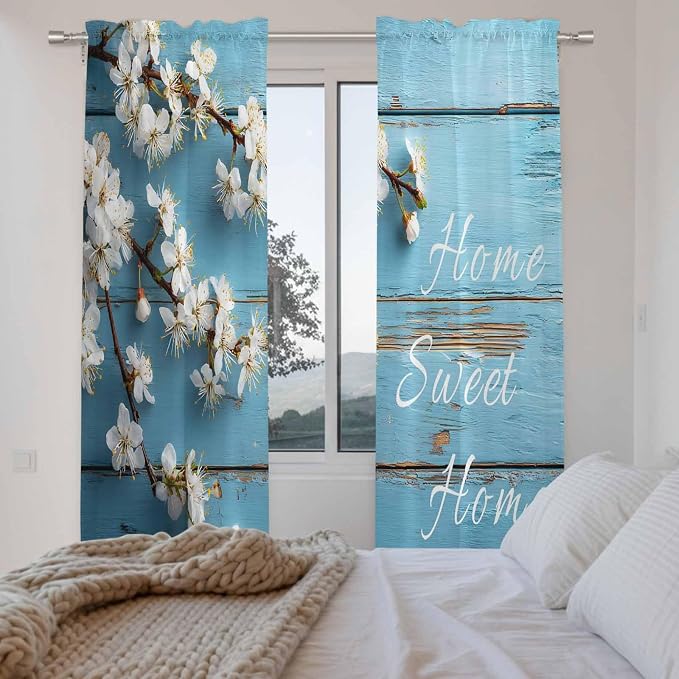 Farmhouse Wooden Grain Kitchen Curtains, Vintage Shabby Chic Flower Blue Light