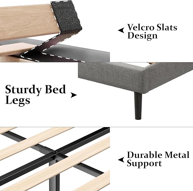 King Size Bed Frame with Wingback Headboard, Upholstered Platform Bed, No Box Spring Needed, Sturdy Wooden Slat Support, Easy Assembly, Light Gray