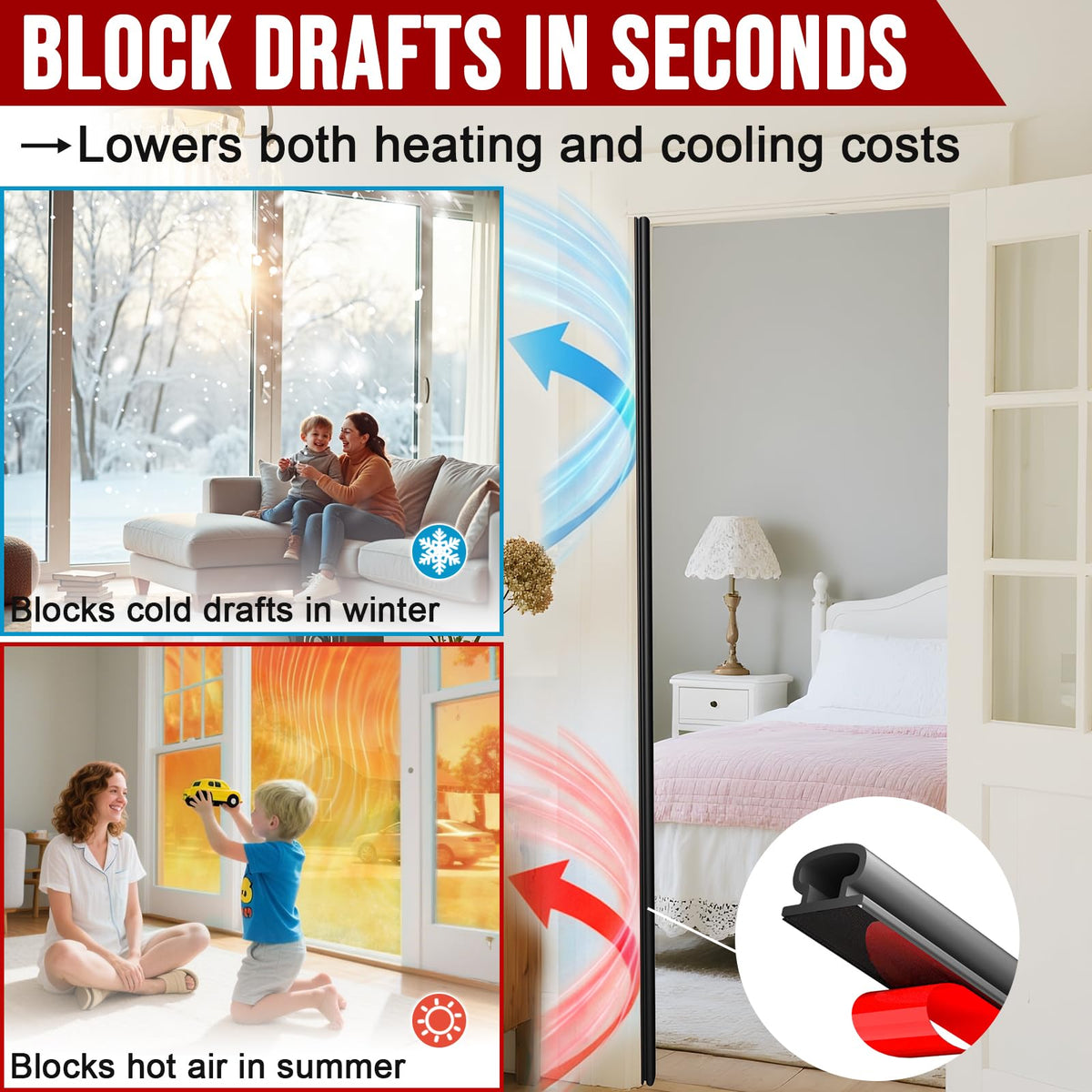 alophoty Weather Stripping Door Seal - 10 Ft Self-Adhesive TPE Rubber Door Seal Strip for Door Frame/Window Seal, Soundproofing & Insulation Strip to Block Drafts, Wind, Noise, Dust (Black)