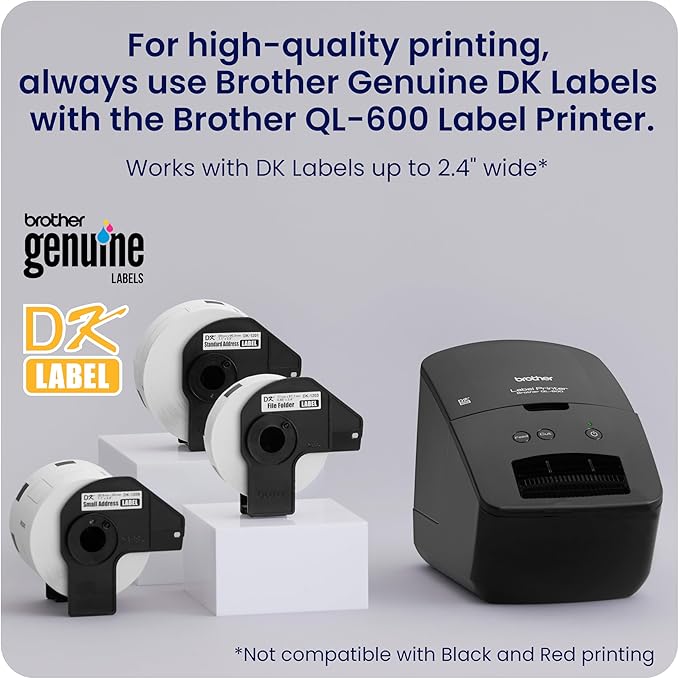 Brother QL-600 Desktop Monochrome Label Printer, up to 2.4" Label Width, No Ink Required, uses Brother Genuine DK Drop-in Rolls for Fast Labeling and Easy Integration with Microsoft Applications