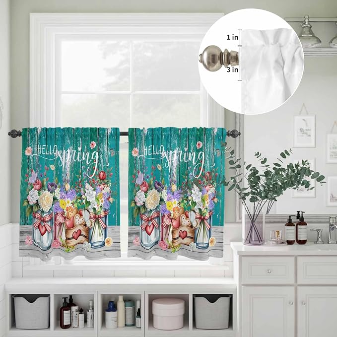 Kitchen Curtains Tiers and Valance Set of 3, Spring Flowers Light Filtering