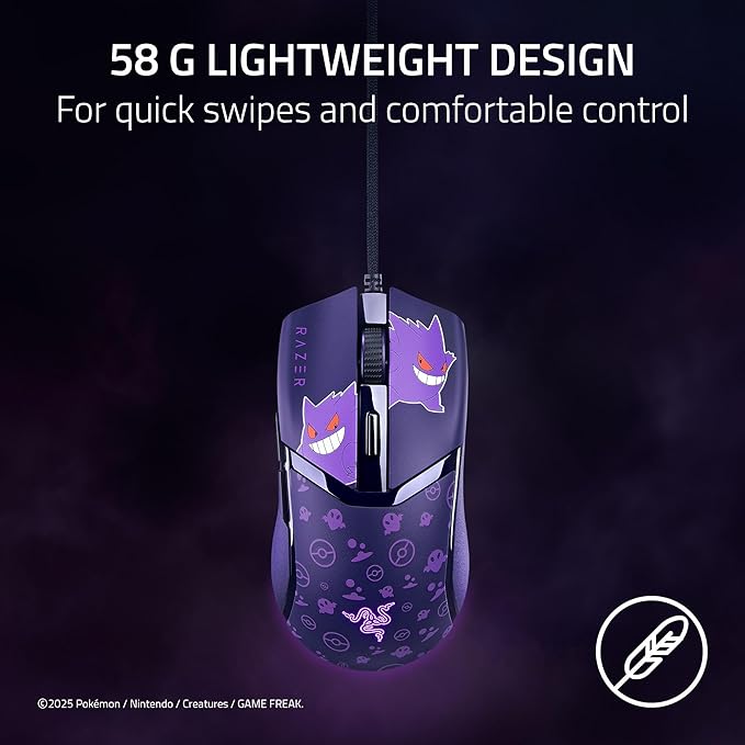 Razer Cobra Wired Gaming Mouse: 58g Lightweight - Gen-3 Optical Switches - Chroma RGB Lighting Underglow - 8500 DPI Optical Sensor - 100% PTFE Mouse Feet - Speedflex Cable - Pokemon Gengar Edition