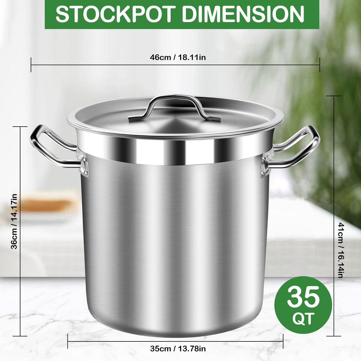 STOCKPOT 35 Quart Commercial Grade Large Stock Pot - Soup Pot with Lid - Non-Nickel Stainless Steel - Healthy Cookware Polished Stockpots - Heavy Duty - 8.8Gallon