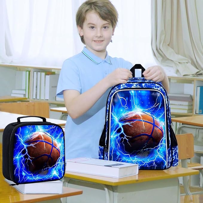 KLFVB 3PCS Boys Backpack, 17" Kids Bookbag and Lunch Box, Water Resistant Teenagers School Backpacks for Middle Elementary - Lightning Basketball