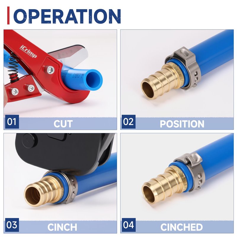 iCrimp KIT-BJ02 PEX Crimping Tool Kit with PEX Clamps, PEX Pipe Cutter, One-Handed PEX Clamp Tool for Cinching 3/8-in, 1/2-in, 3/4-in, 1-in PEX Clamp