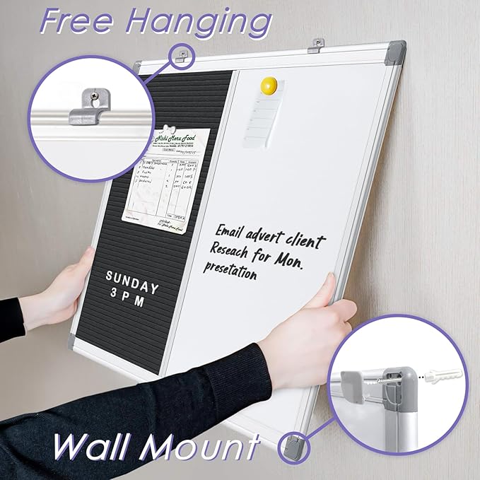 S SWANCROWN Felt Board White Board Combo/Letter Board/Dry Erase Whiteboard for Office, Classroom Home, Black, 24x18 Inch