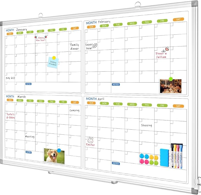 Dry Erase Calendar for Wall 4 Month, WALGLASS 48" x 36" Large Double-Sided White Board Calendar, Dry Erase Monthly Whiteboard, Silver Aluminum Frame Hanging Wall Mounted Board for Office Home School