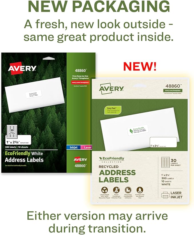 Avery EcoFriendly Recycled Address Labels, 1" x 2-5/8", White, Permanent Label Adhesive, 300 Printable Labels (48860)