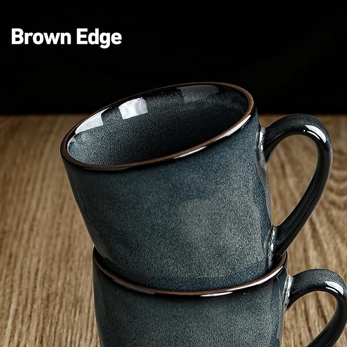 famiware Coffee Mugs Set of 4, Ocean Round 11.5oz Coffee Cup Set with Handle for Cocoa, Milk, Hot Chocolate, Tea or Water, Stoneware Cups for Kitchen, Microwave Dishwasher Safe, Deep Forest