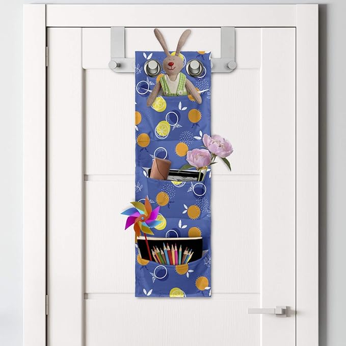 Ambesonne Fruits Hanging Pocket Organizer, Vibrant Oranges and Lemons Silhouettes with Mini Polka Dots, Printed Polyester Storage Bag with Pockets, 9" x 27", Violet Blue Orange