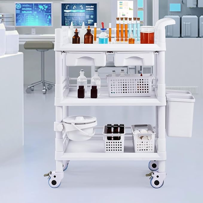 VEVOR Medical Mobile Trolley Cart with 2 Drawers & 3 Trash Cans, 3 Tiers Beauty Salon Rolling Trolley with 4 Silent Wheels & 2 Dirts Bucket & Bowl, Medical Utility Cart for Hospital Dental Clinic Lab