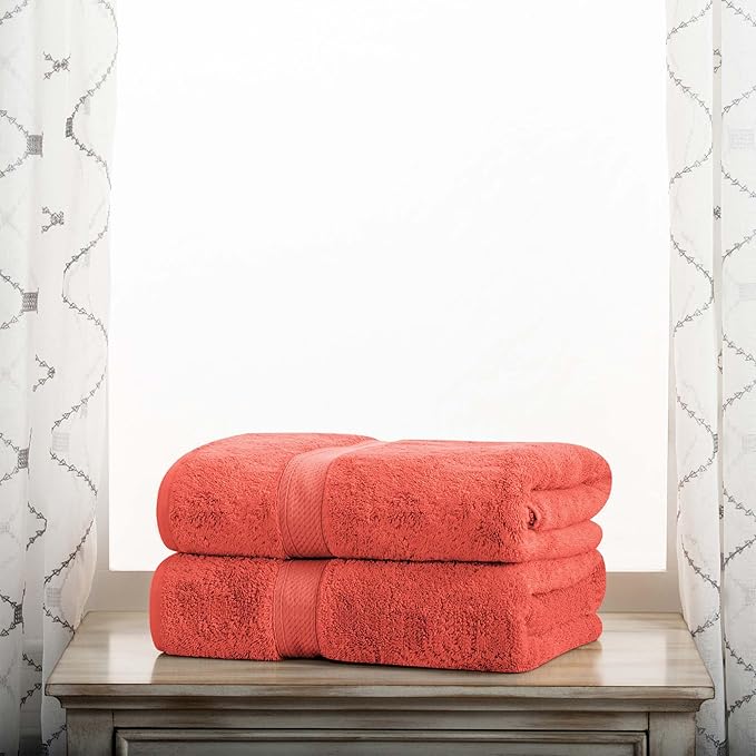 Superior Egyptian Cotton Pile Bath Towel Set of 2, Ultra Soft Luxury Towels, Thick Plush Essentials, Absorbent Heavyweight, Guest Bath, Hotel, Spa, Home Bathroom, Shower Basics, Coral