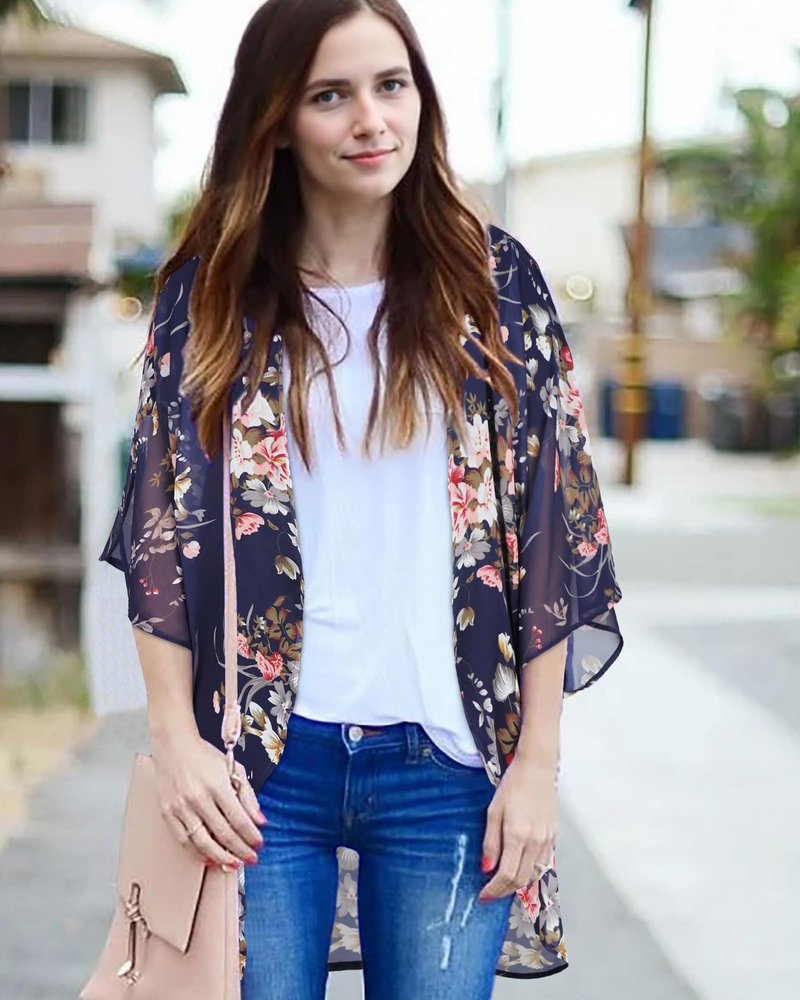Kimono Cardigans for Women Floral Print 3/4 Sleeve Loose Cover Up Casual Blouse Tops (Navy Blue,3XL)