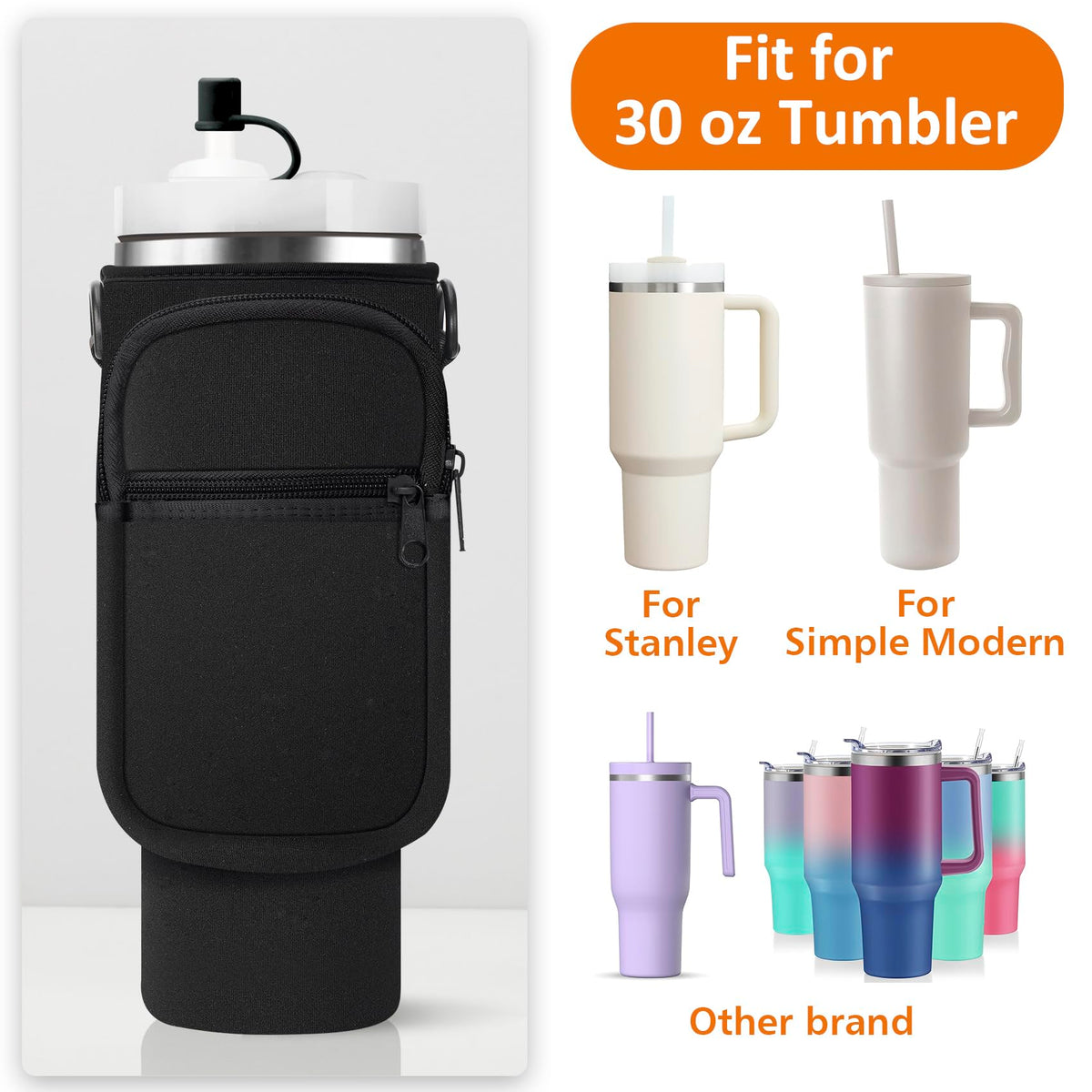 30 oz Stanley Cup Carrier Bag with Paracord Handle, Neoprene Insulated Travel Tumbler Sleeve w/ 2 Pockets & Straw Cover Cap, Stainless Steel Mug Holder Pouch for Stanley Cup Accessories-Black