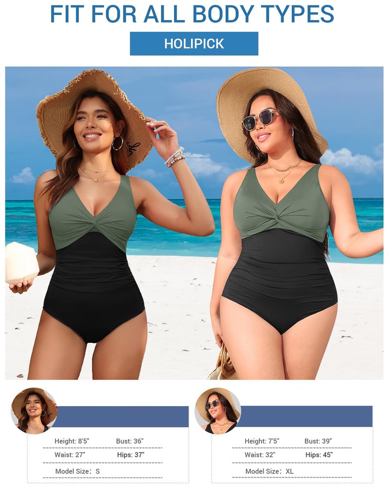 Holipick Green and Black Women Tummy Control One Piece Swimsuit - Push Up Bathing Suit Full Coverage Slimming Swimwear M