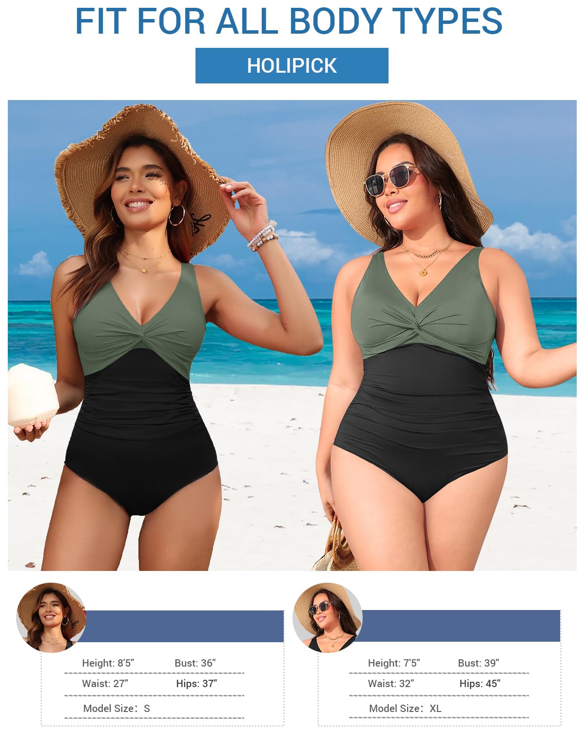 Holipick Green and Black Women Tummy Control One Piece Swimsuit - Push Up Bathing Suit Full Coverage Slimming Swimwear XXL