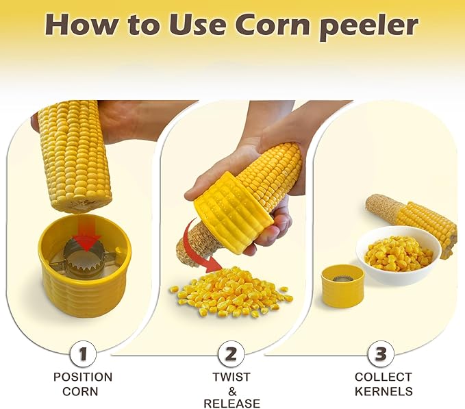 2-Pack Corn Stripper for Corn on the Cob – Corn-Shaped Handle for Natural Non-Slip Grip, Easy Twist & Turn Method (with Video Guide), Serrated Stainless Steel Blade, Dishwasher Safe Corn Peeler Tool