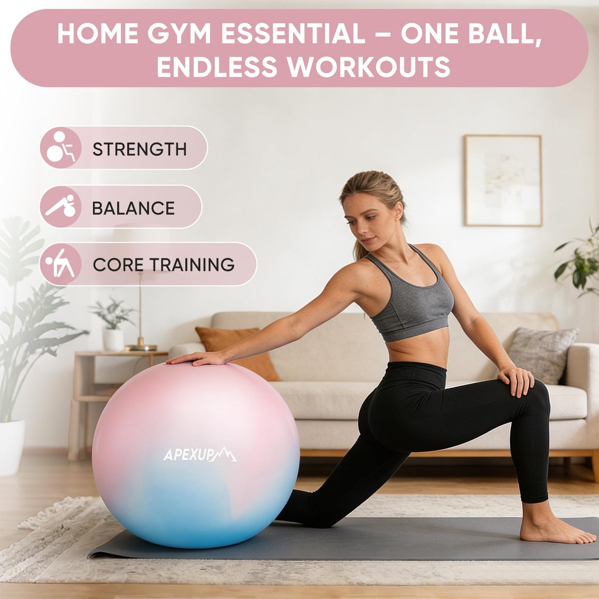 APEXUP Yoga Ball, 660 lbs Anti-Burst Exercise Ball with Pump, 5 Sizes (XL(27"~30") 75cm, Blue Pink)
