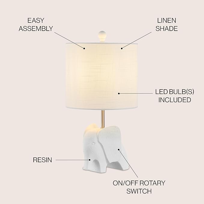 JONATHAN Y 17.5" White Elephant Kids Table Lamp, Whimsical Resin Bedside Lamp with White Linen Drum Shade for Bedroom Playroom Nursery, LED Bulb Included, UL Listed (JYL1143D)