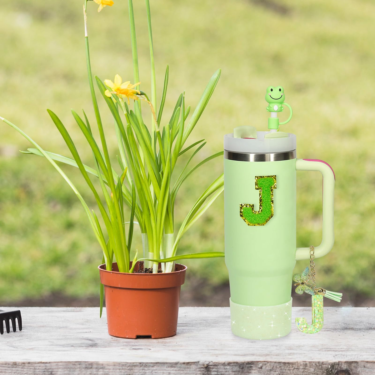 Liangang 8PCS Green Cup Accessories Set For Stanley 30oz 40oz,Including Boot,Spill Proof Stopper,2PCS Stanley Straw Cover and 2PCS Sticker Letter (Letter J)