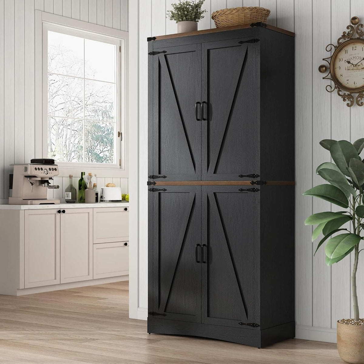 71in Farmhouse Kitchen Pantry Cabinet,Tall Storage Cabinet with 4 Doors and Adjustable shelves,with Load-Bearing Steel Pipe,Wood Storage Cabinets for Kitchen,Dining Room,Bathroom(Light Rustic Oak)