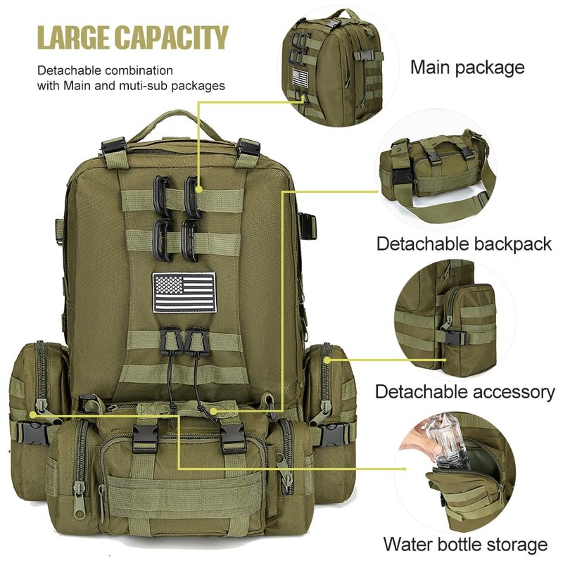 CALUOMATT Large Military Tactical Backpack for Men, 40-50L Backpacks for Women, Bug out Bag Army 3 Days Pack Bags Rucksack with Molle System Green