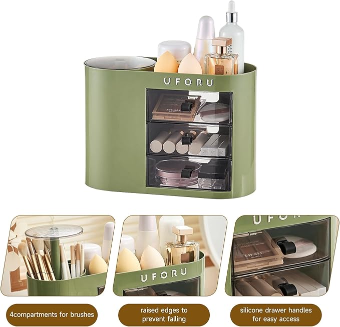 Makeup Organizer with Pop-Up Brush Holder for Dresser Vanity, Plastic Bathroom Counter Organizer with 3 Drawers & Dust-Proof Cover, Cosmetic Display Case for Lipstick, Skincare, Vintage Green