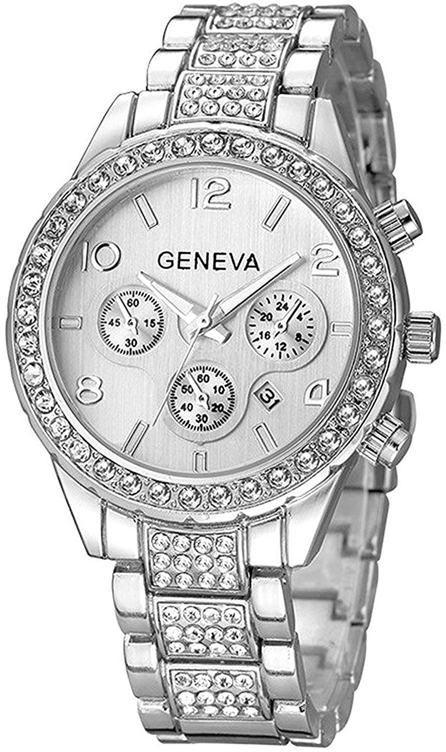 Gosasa Luxury Unisex Crystal Diamond Watches Quartz Digital Calendar Rose Gold Silver Stainless Steel Watch (Silver)