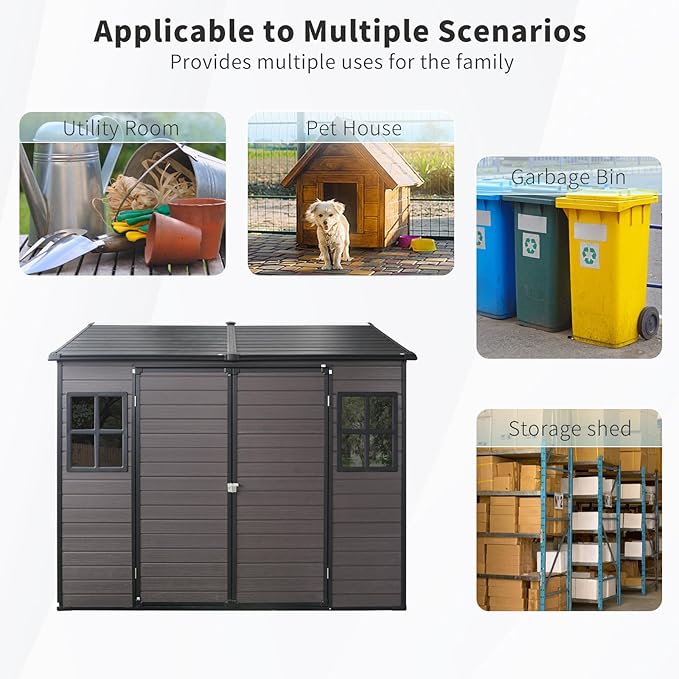 8x6 FT Outdoor Storage Resin Shed with Floor, Waterproof Plastic Garden Tool Shed with Windows, Vents & Lockable Door and Sloped Roof, Easy to Assemble Bike Shed for Patio, Backyard, Lawn, Brown