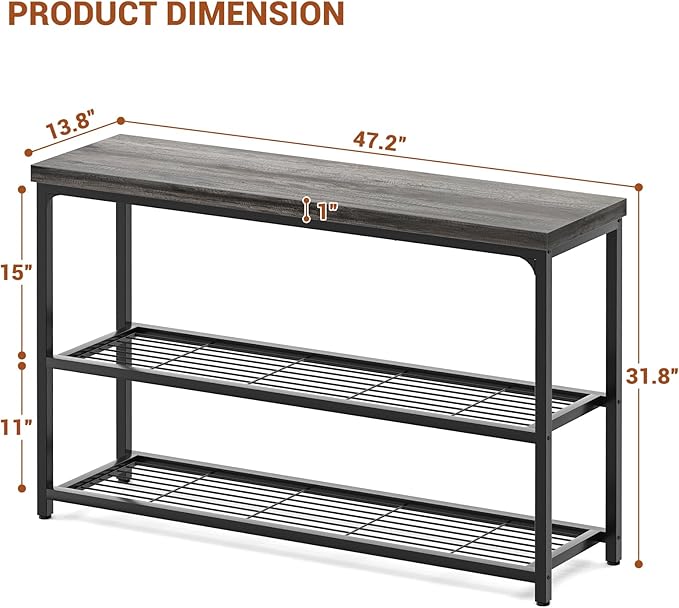 47" Console Table with Storage, 3-Tier Narrow Entryway Table, Sofa Table with Mesh Shelves, Console Tables for Living Room, Bedroom, Hallway, Entryway, Foyer, Oak Grey