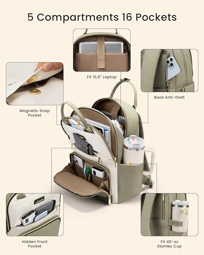 LOVEVOOK Laptop Backpack for Women with Giant Tumbler Holder Pocket, 15.6 inch Travel Work Backpack Purse for Teacher Nurse, Waterproof College Book Bag Cute Casual Daypack, Beige-Nude