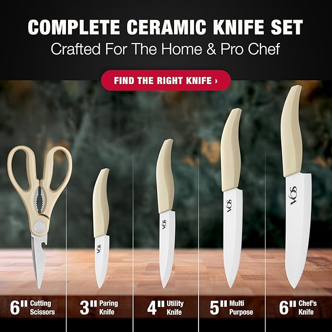 Vos ceramic knives set for kitchen in gift box, 5 ceramic knife with cover with scissors, 3" 4" 5" 6" ultra sharp knives for home cooks, lightweight, rust-free, dishwasher safe (Off-white handle)