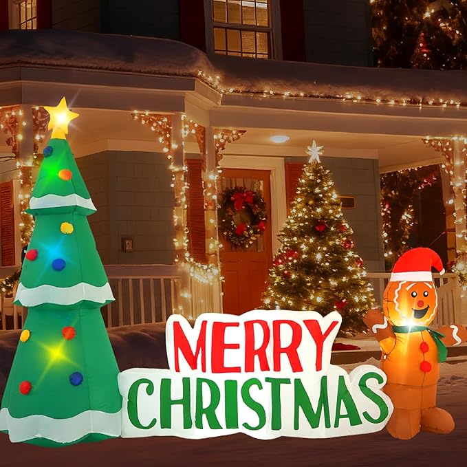 10FT Christmas Inflatable Outdoor Decorations, Christmas Tree Road Sign Pancake Man Inflatable Yard Decorations with LED Lights for Indoor and Outdoor Yard Garden Christmas Decorations